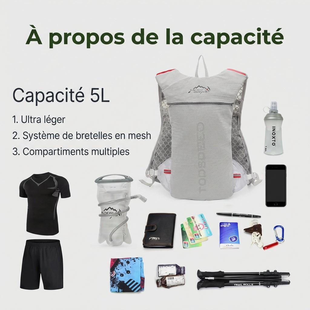 Gilet d’Hydratation Trail 5L — Respirant, Stable, Prêt pour la Montagne